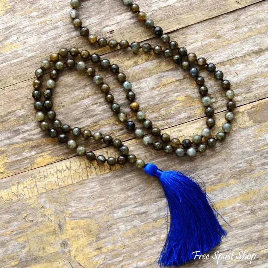 108 Natural Labradorite Mala Beads Necklace With Tassel