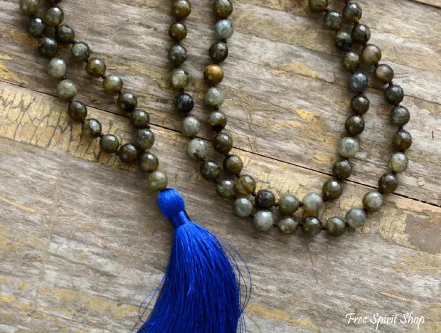 108 Natural Labradorite Mala Beads Necklace With Tassel