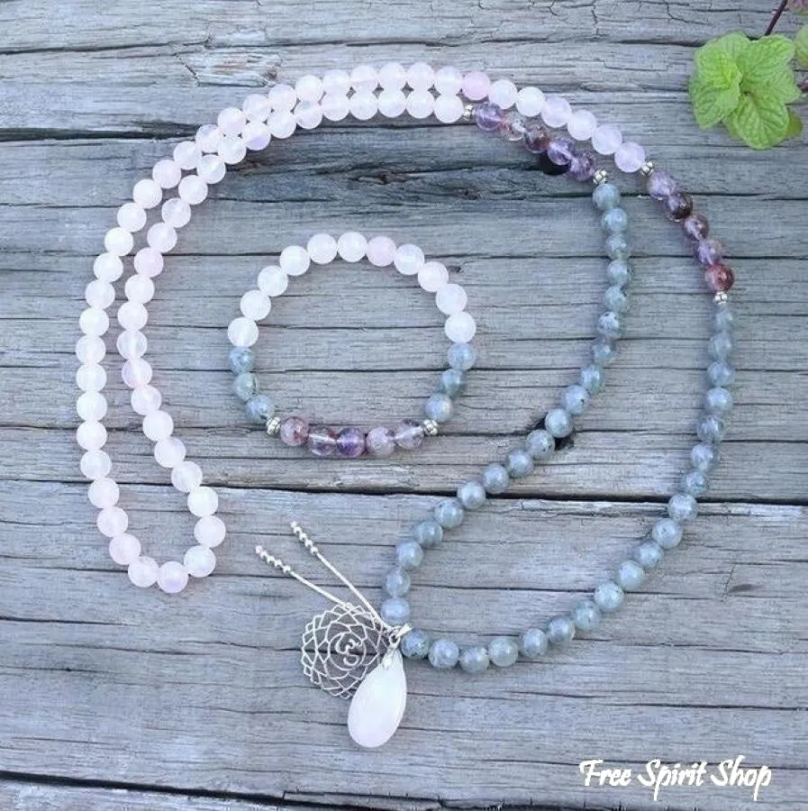 108 Natural Labradorite White Jade and Amethyst Mala Beads Necklace / Bracelet