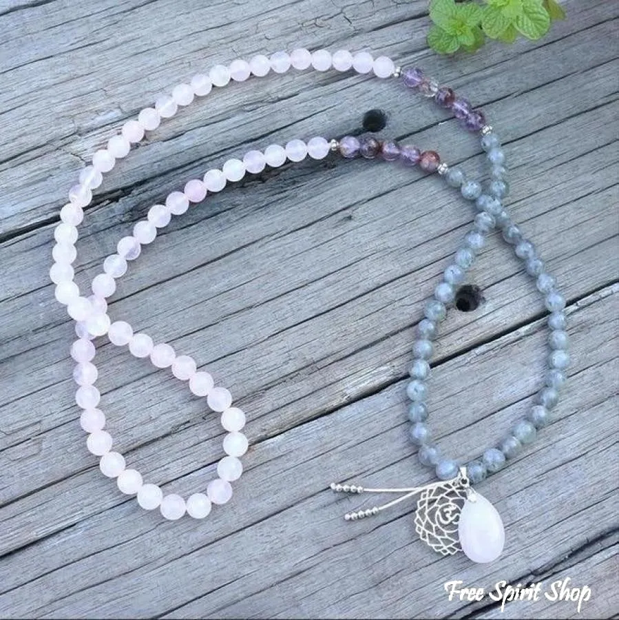 108 Natural Labradorite White Jade and Amethyst Mala Beads Necklace / Bracelet