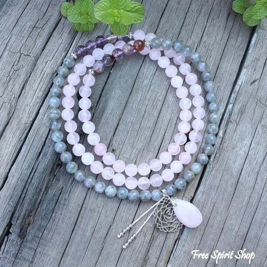 108 Natural Labradorite White Jade and Amethyst Mala Beads Necklace / Bracelet