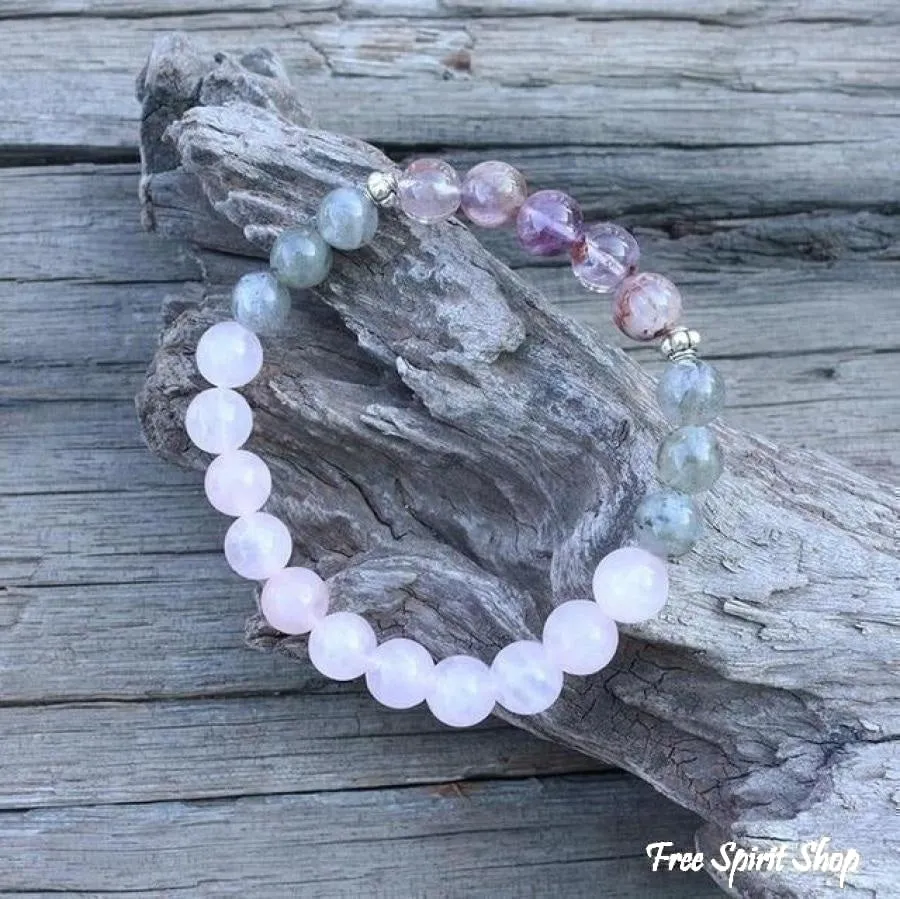 108 Natural Labradorite White Jade and Amethyst Mala Beads Necklace / Bracelet