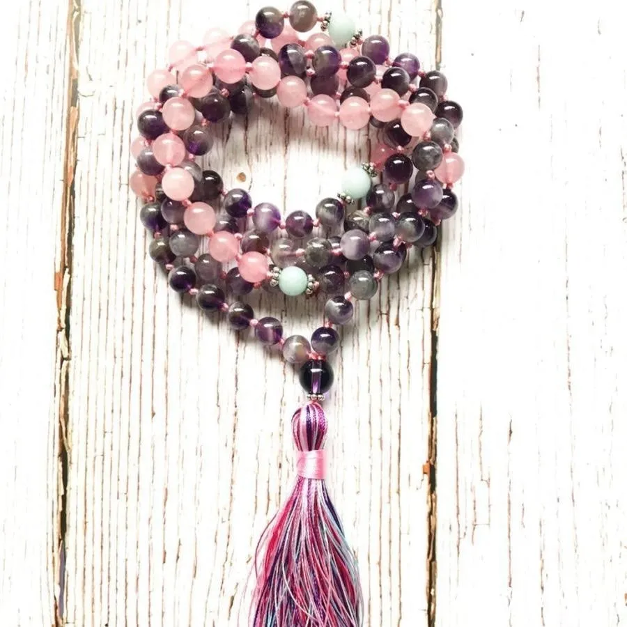 108 Natural Rose Quartz & Amethyst Mala Beads Necklace