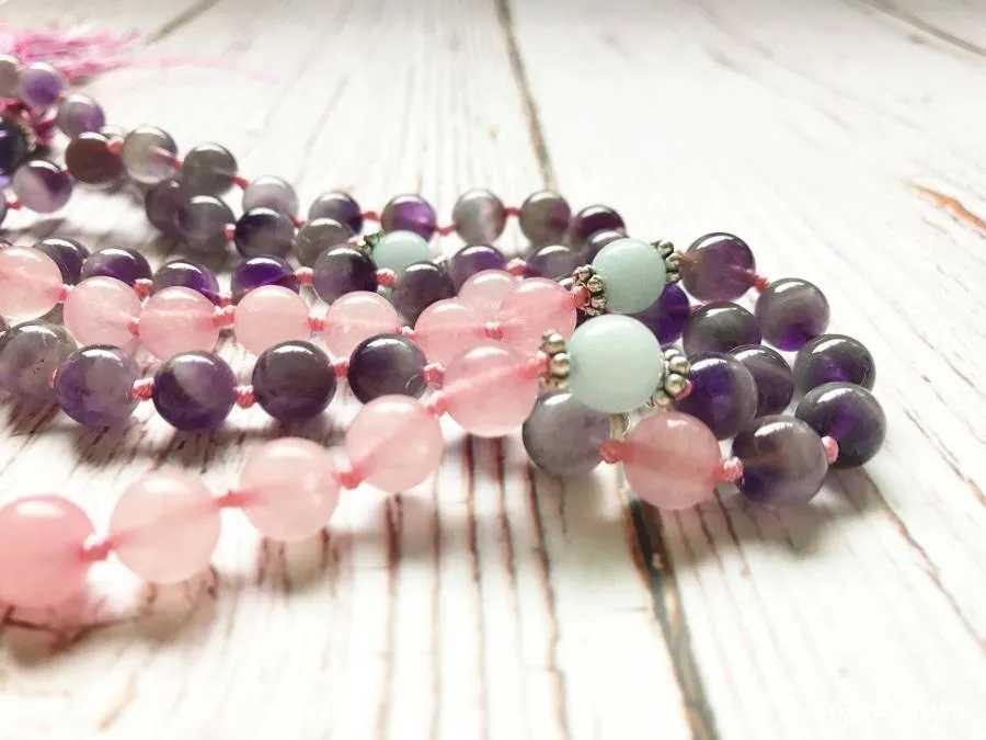 108 Natural Rose Quartz & Amethyst Mala Beads Necklace