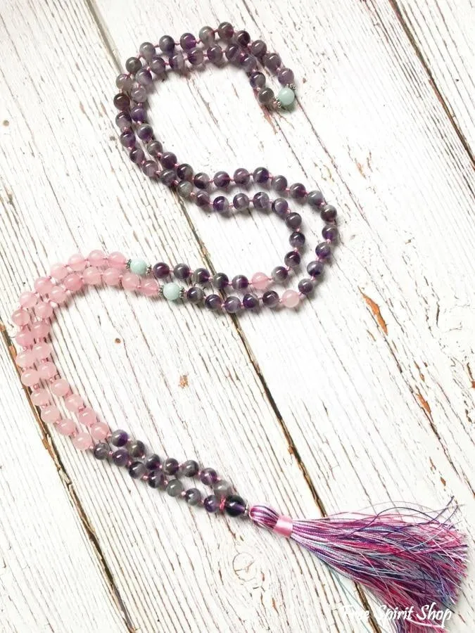 108 Natural Rose Quartz & Amethyst Mala Beads Necklace