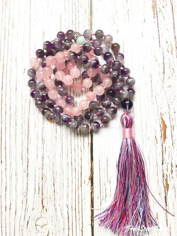 108 Natural Rose Quartz & Amethyst Mala Beads Necklace