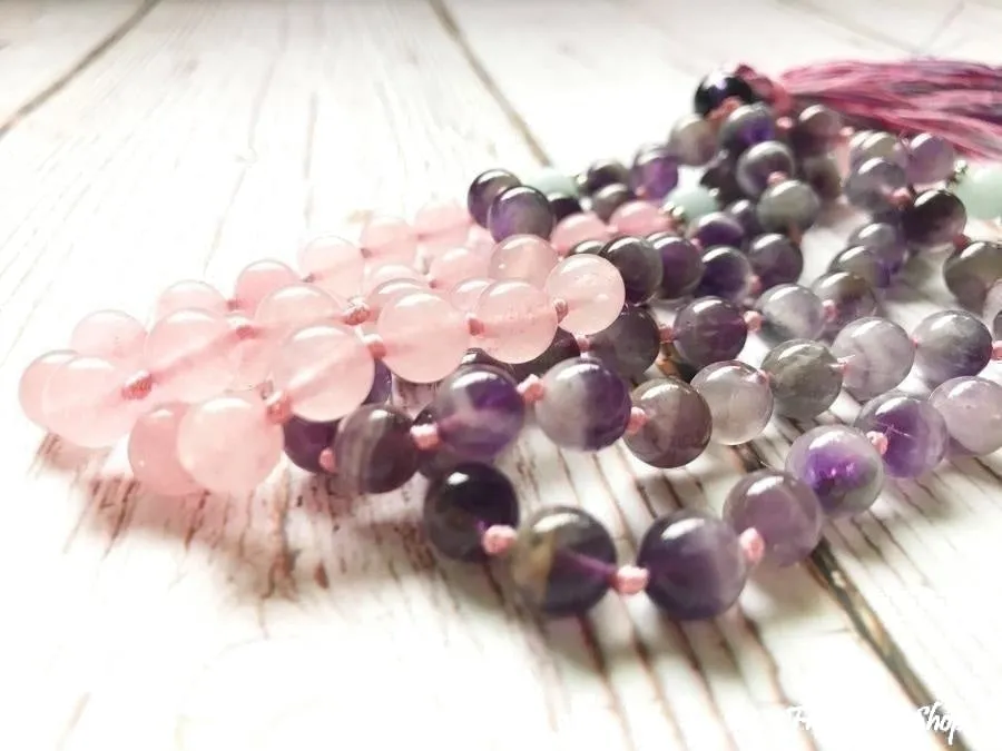 108 Natural Rose Quartz & Amethyst Mala Beads Necklace