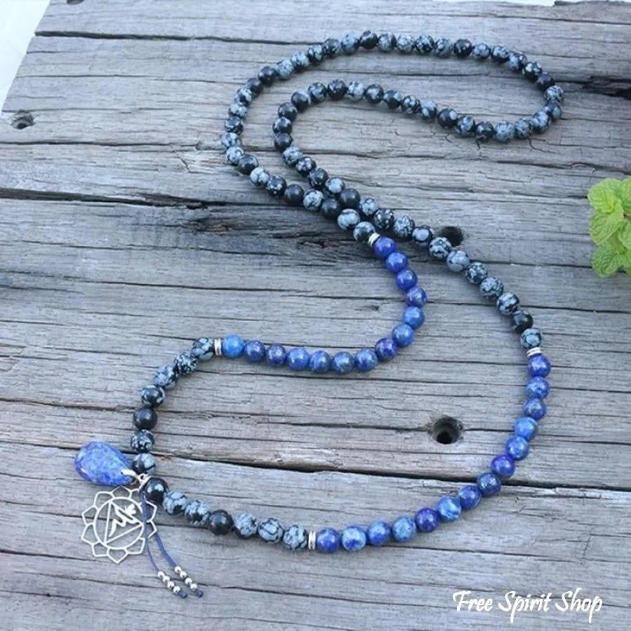 108 Natural Snowflake Obsidian & Lapis Lazuli Mala Prayer Beads necklace / bracelet