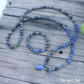 108 Natural Snowflake Obsidian & Lapis Lazuli Mala Prayer Beads necklace / bracelet