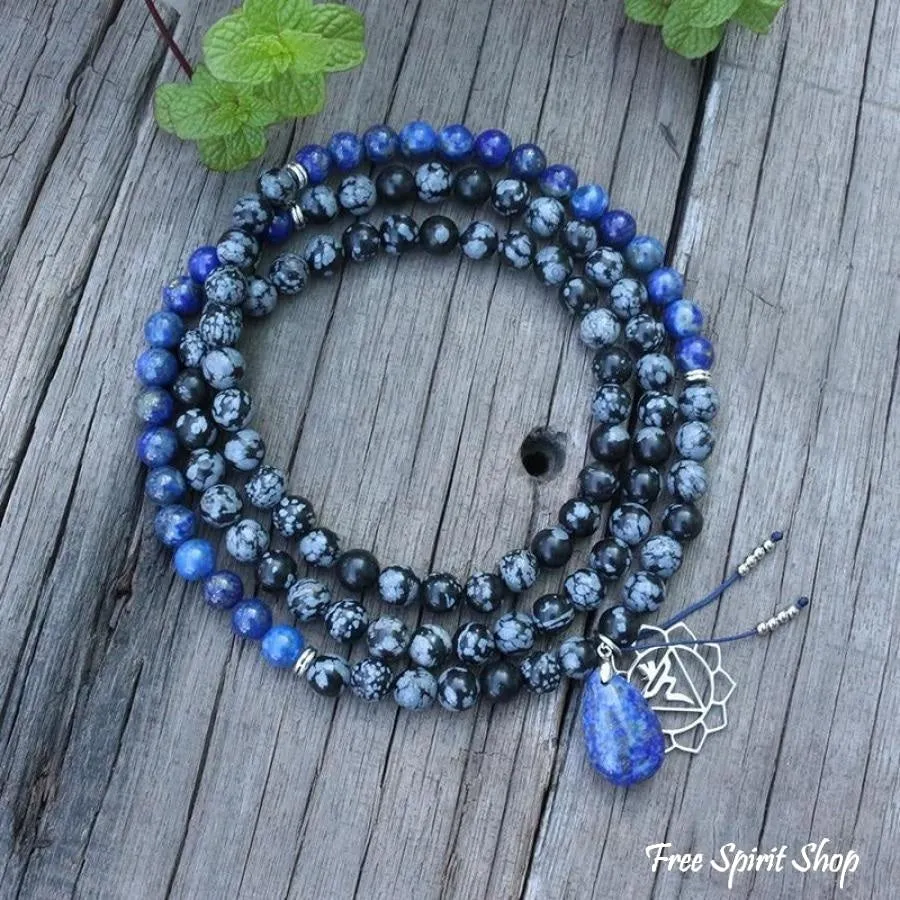 108 Natural Snowflake Obsidian & Lapis Lazuli Mala Prayer Beads necklace / bracelet