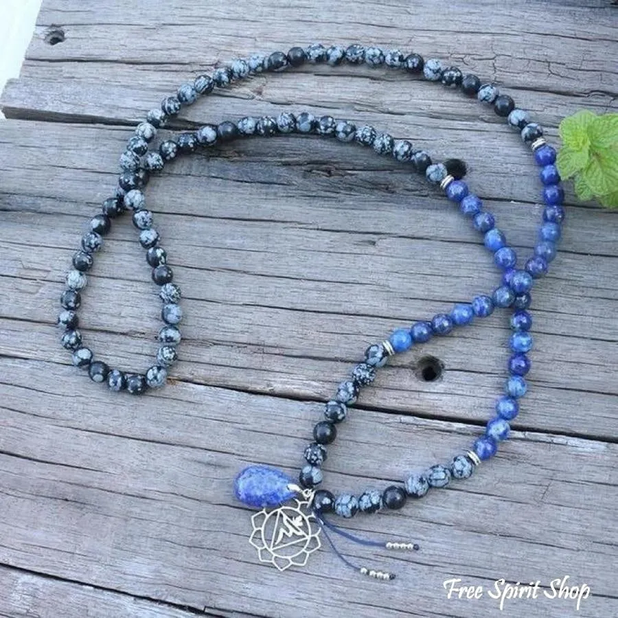 108 Natural Snowflake Obsidian & Lapis Lazuli Mala Prayer Beads necklace / bracelet