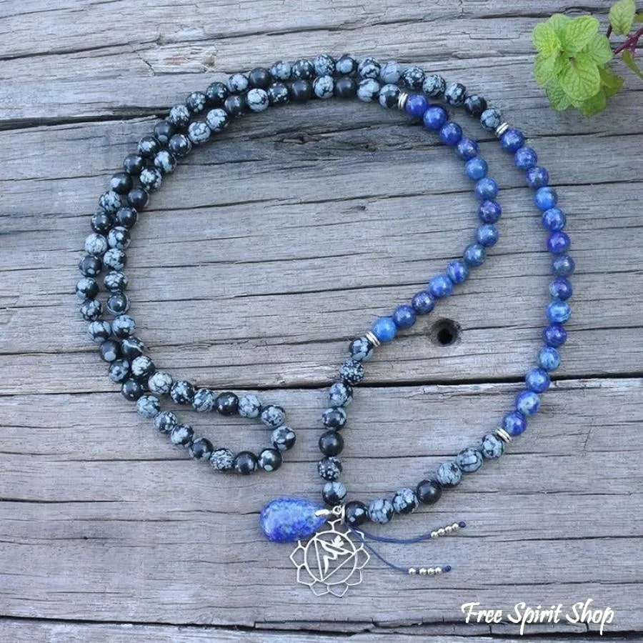 108 Natural Snowflake Obsidian & Lapis Lazuli Mala Prayer Beads necklace / bracelet