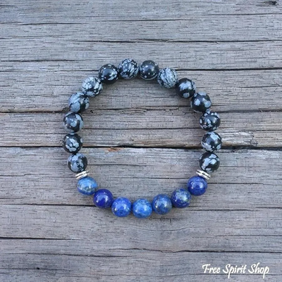 108 Natural Snowflake Obsidian & Lapis Lazuli Mala Prayer Beads necklace / bracelet