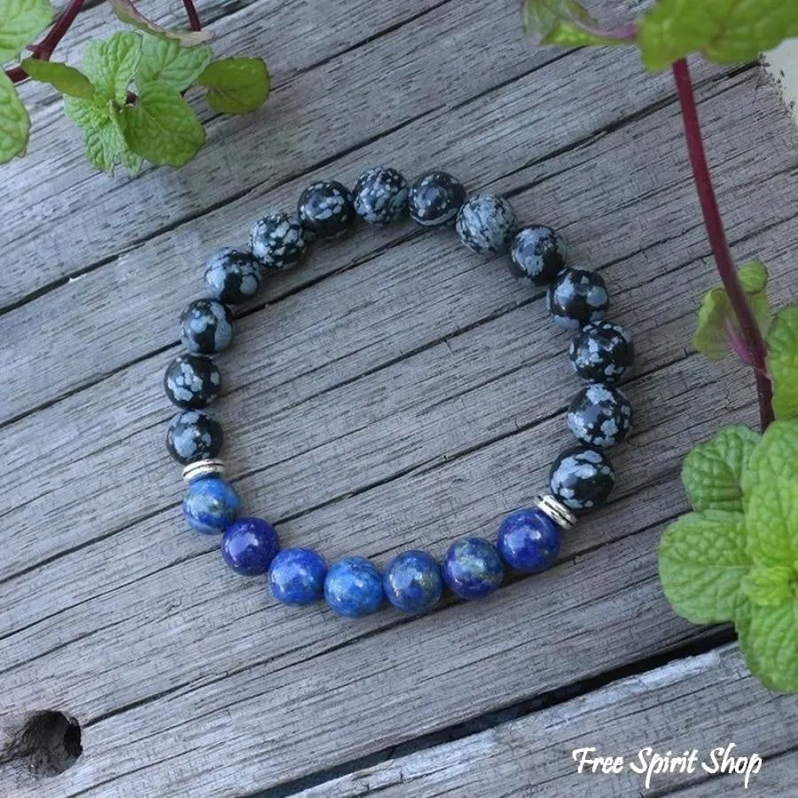 108 Natural Snowflake Obsidian & Lapis Lazuli Mala Prayer Beads necklace / bracelet