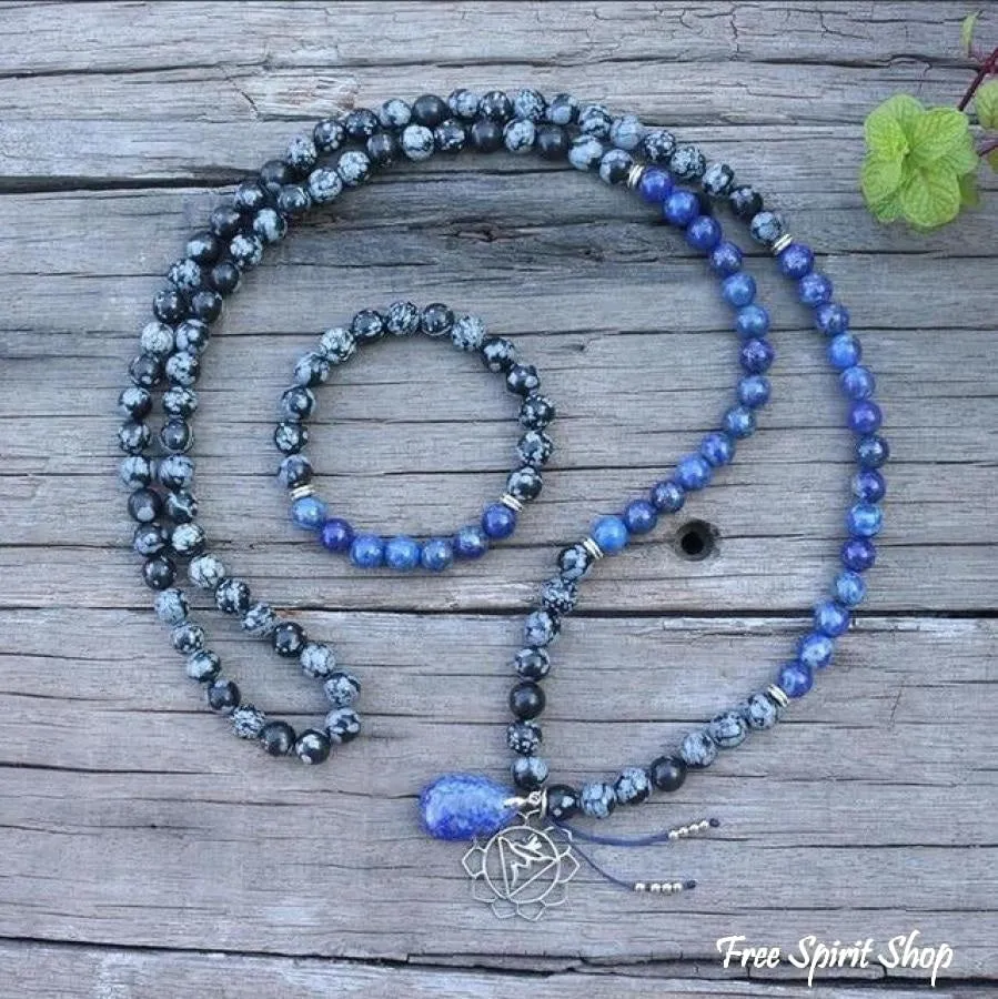 108 Natural Snowflake Obsidian & Lapis Lazuli Mala Prayer Beads necklace / bracelet