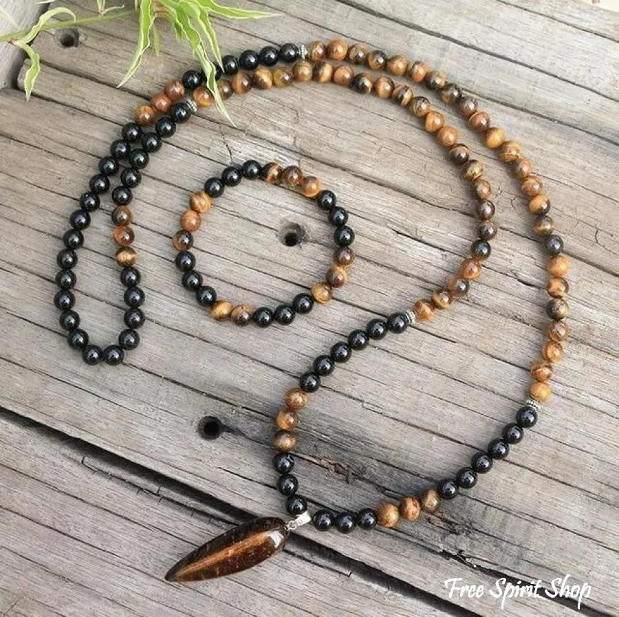 108 Natural Tiger Eye & Black Onyx Mala Beads Necklace / Bracelet