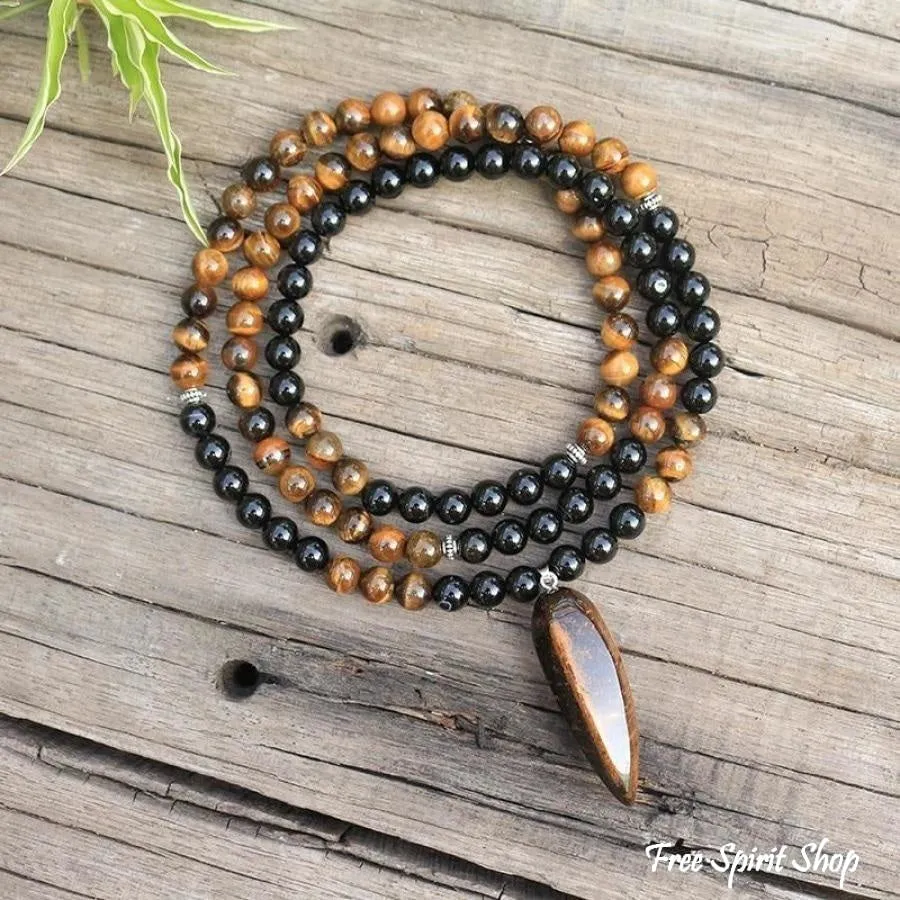 108 Natural Tiger Eye & Black Onyx Mala Beads Necklace / Bracelet