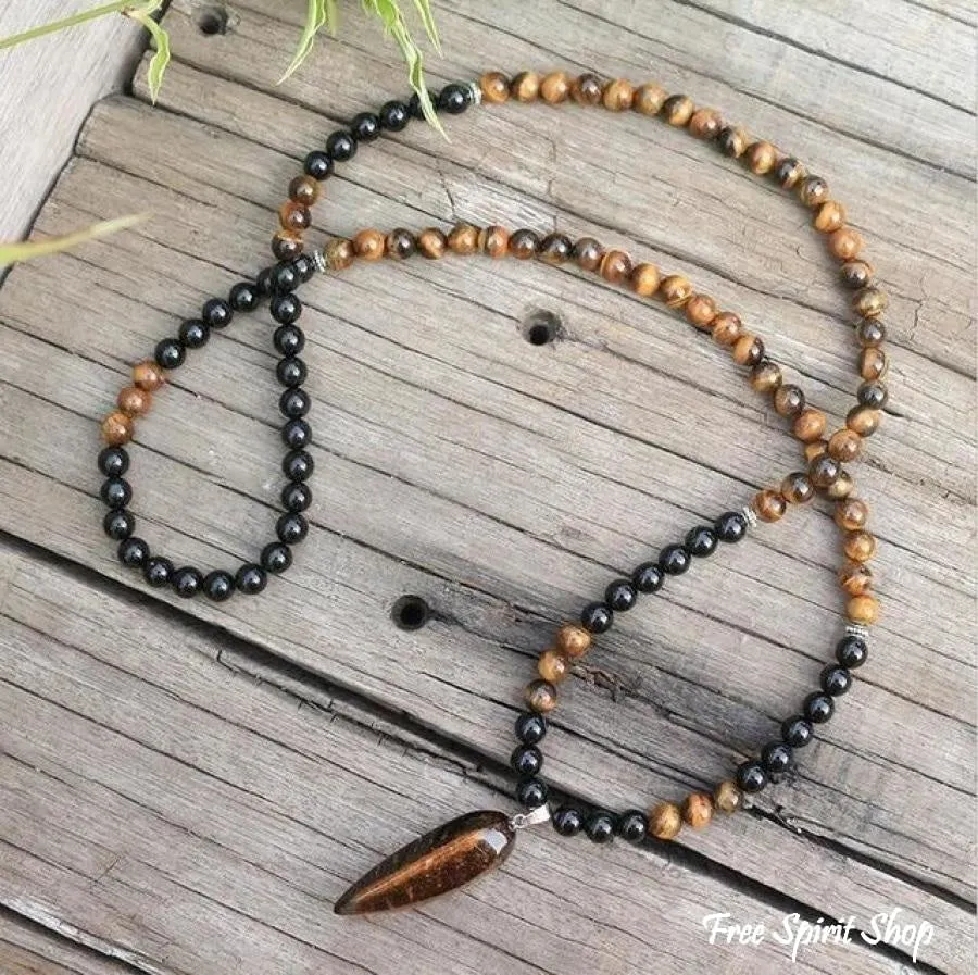 108 Natural Tiger Eye & Black Onyx Mala Beads Necklace / Bracelet