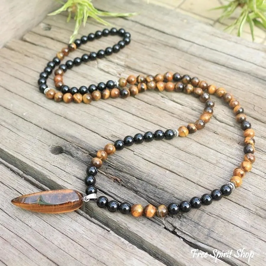 108 Natural Tiger Eye & Black Onyx Mala Beads Necklace / Bracelet