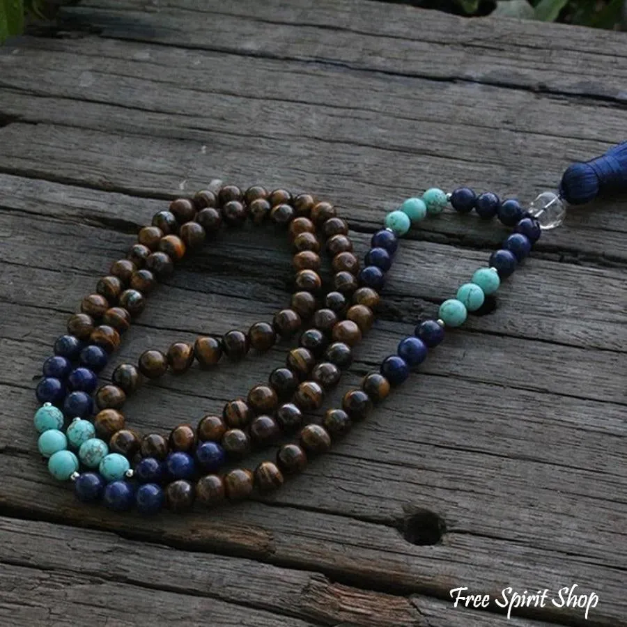 108 Natural Tiger Eye & Lapis Lazuli Mala Beads Necklace