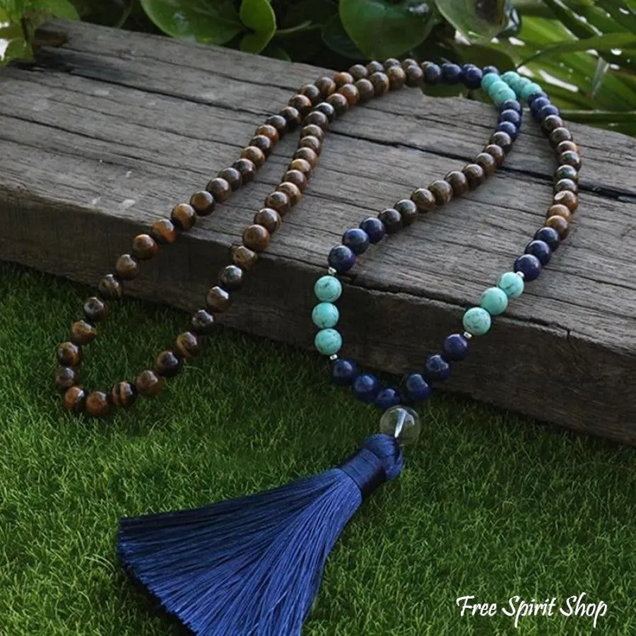 108 Natural Tiger Eye & Lapis Lazuli Mala Beads Necklace