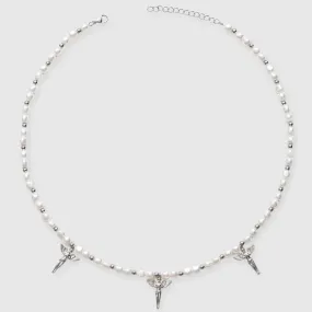 5mm Angels Motif Beaded Pearl Necklace - White Gold