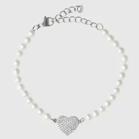 5mm Iced Heart Motif Pearl Bracelet - White Gold