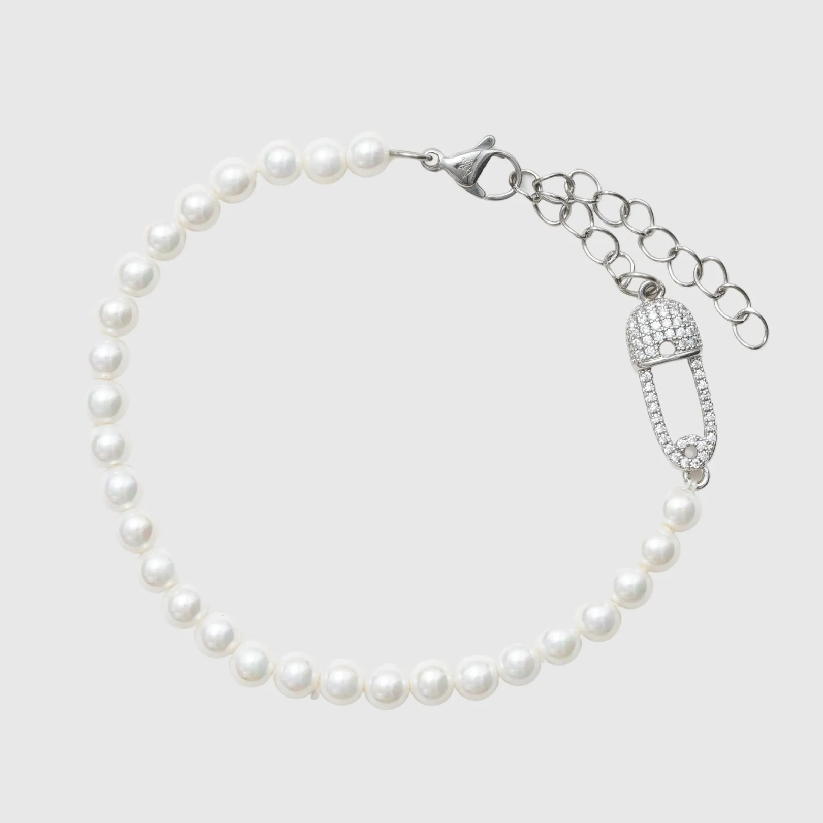 5mm Iced Paper Clip Pearl Bracelet - White Gold