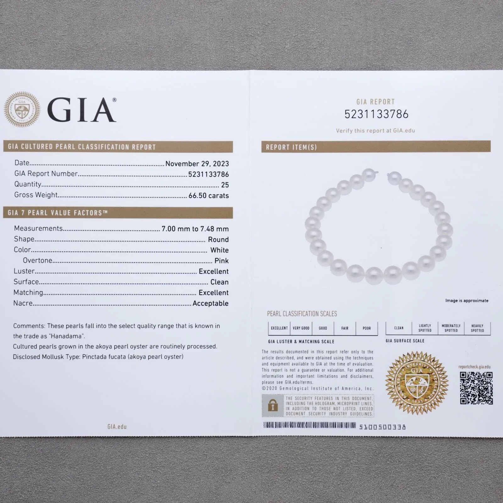 7.00-7.48 mm GIA Certified Hanadama Akoya Pearl Bracelet