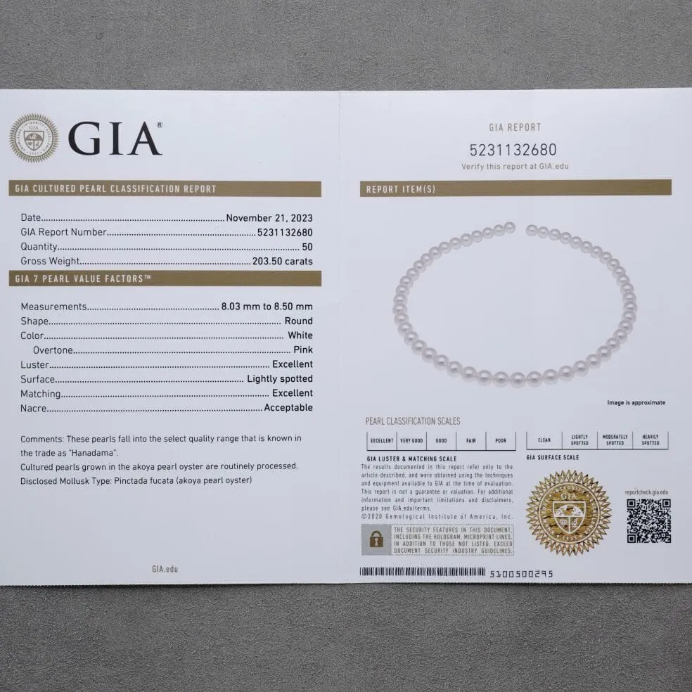 8.03-8.50 mm GIA Certified Hanadama Akoya Pearl Necklace