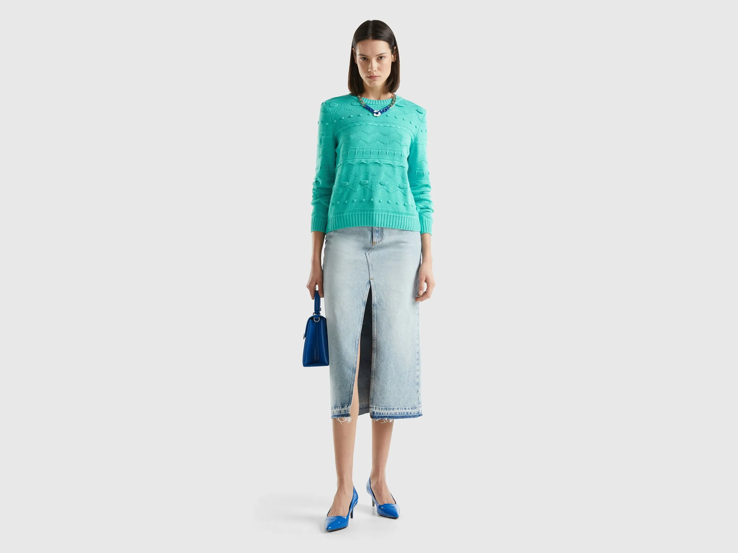 Aqua green knitted sweater - Aqua | Benetton