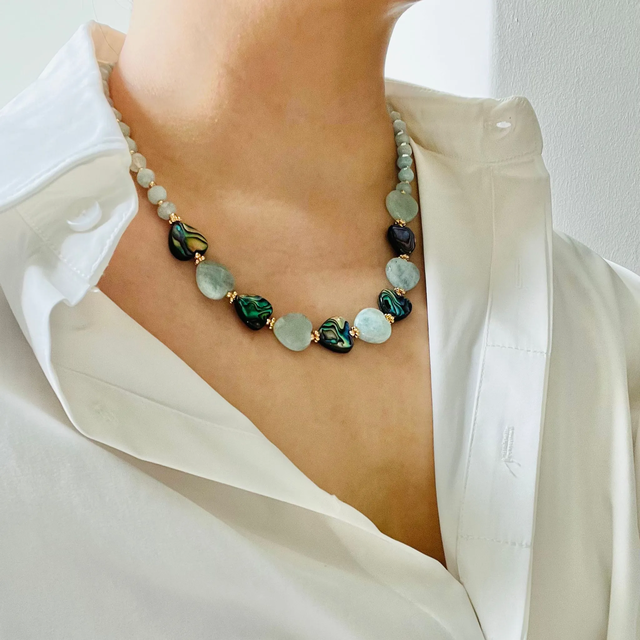 Aquamarine & Abalone Mother Of Pearl Necklace