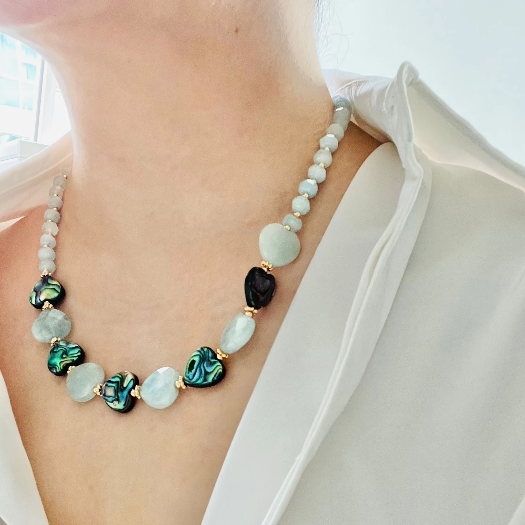 Aquamarine & Abalone Mother Of Pearl Necklace