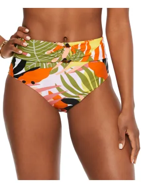 BAR III Women's Multi Color Tropical Print Stretch Shirred Waistband Lined Full Coverage Ring High Waisted Swimsuit Bottom