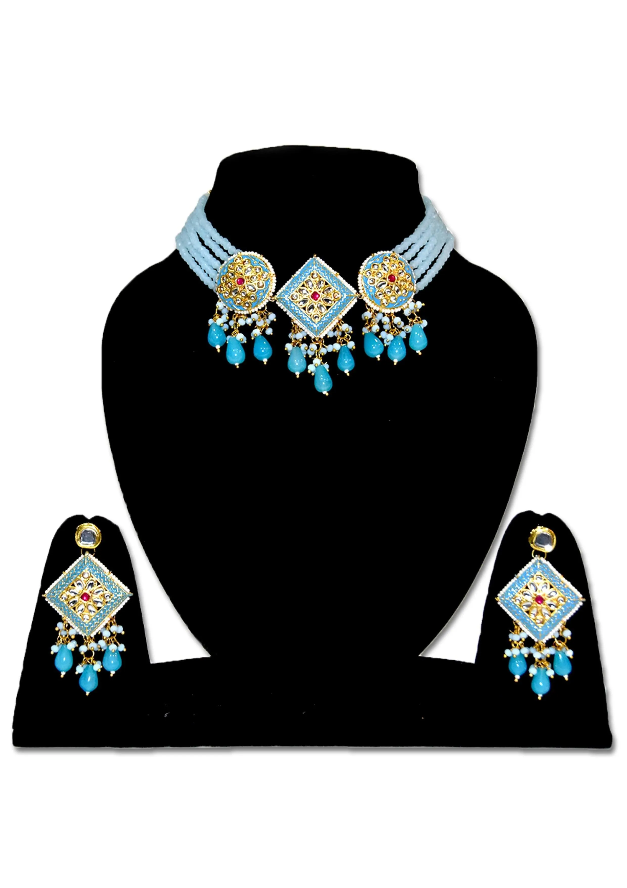 Blue Golden Meenakari Beads Necklace set