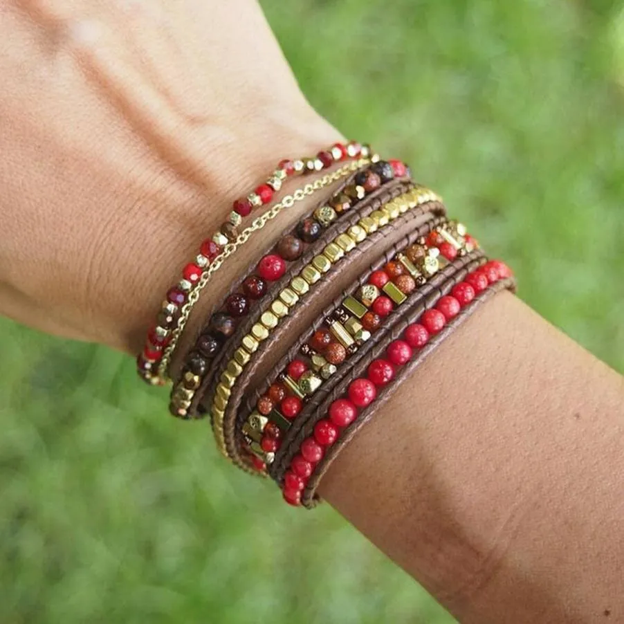 Bohemian Handmade Natural Stone and Brass Bead Wrap Bracelet Set