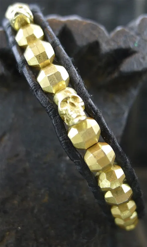 Chan Luu Men's Black Wrap Bracelet with Gold Vermeil Beads and Skulls