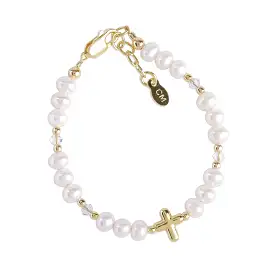 Cherished Moments - 14K Gold-Plated Cross Bead and Freshwater Pearl Bracelet