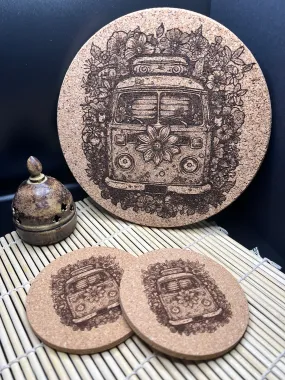 Cork Engraved Trivets and Coasters for Coffee Table Decor or Wall Art Great For Housewarming Gift