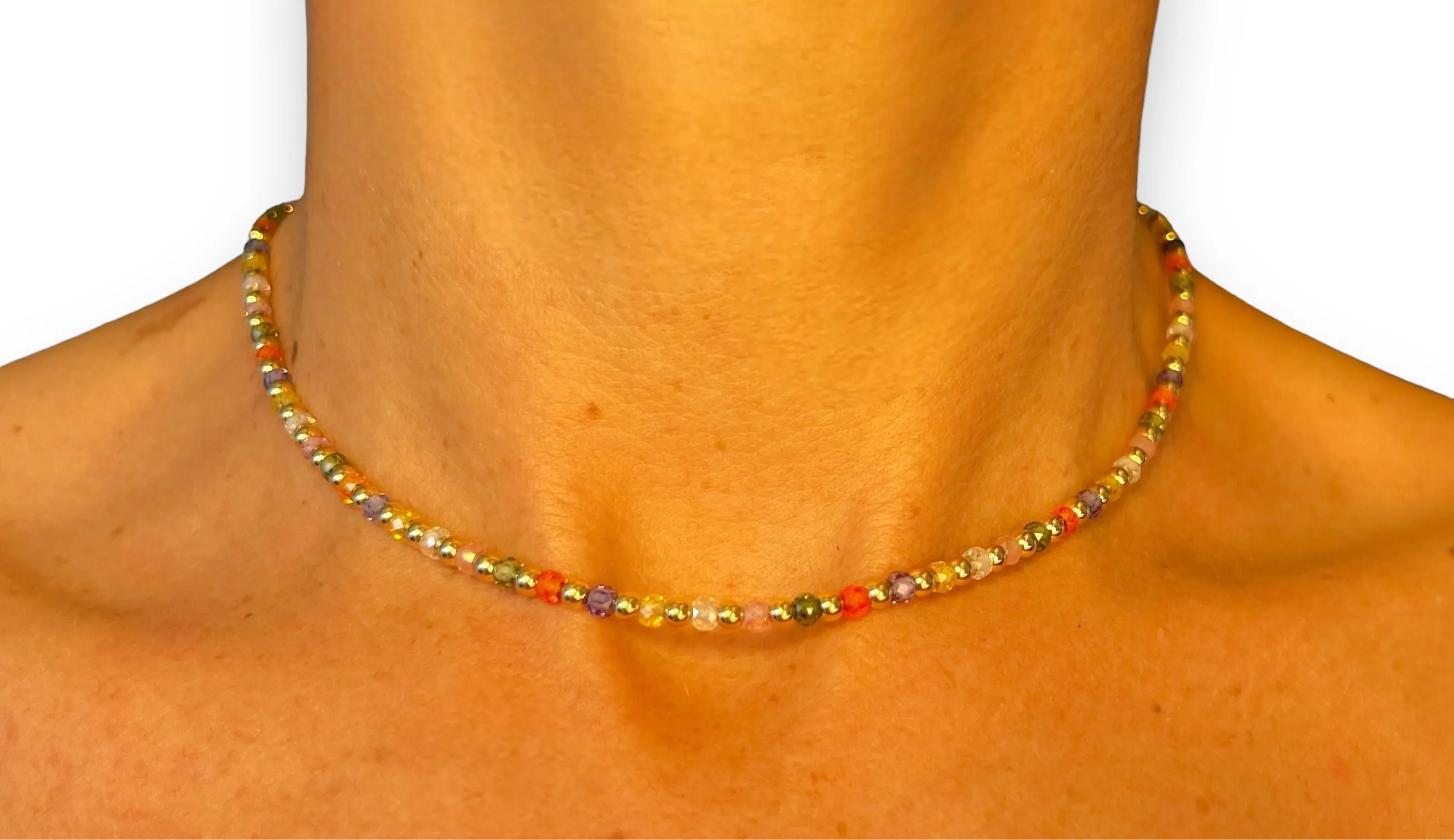 Dainty Cubic Zirconias Multicolor with 18k Gold Filled 3mm Beads Necklace