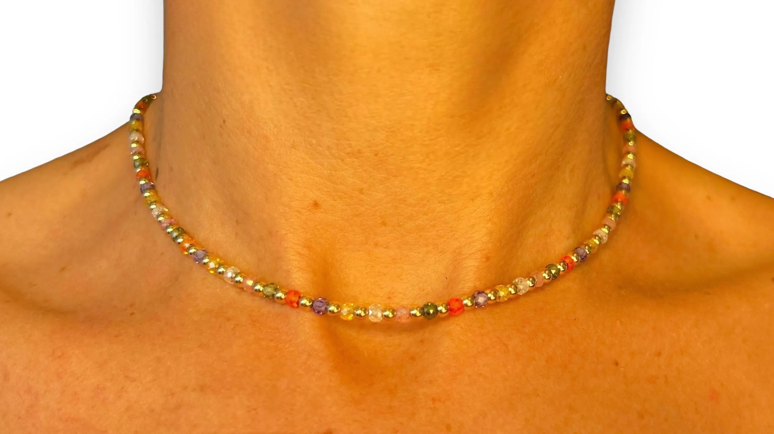 Dainty Cubic Zirconias Multicolor with 18k Gold Filled 3mm Beads Necklace