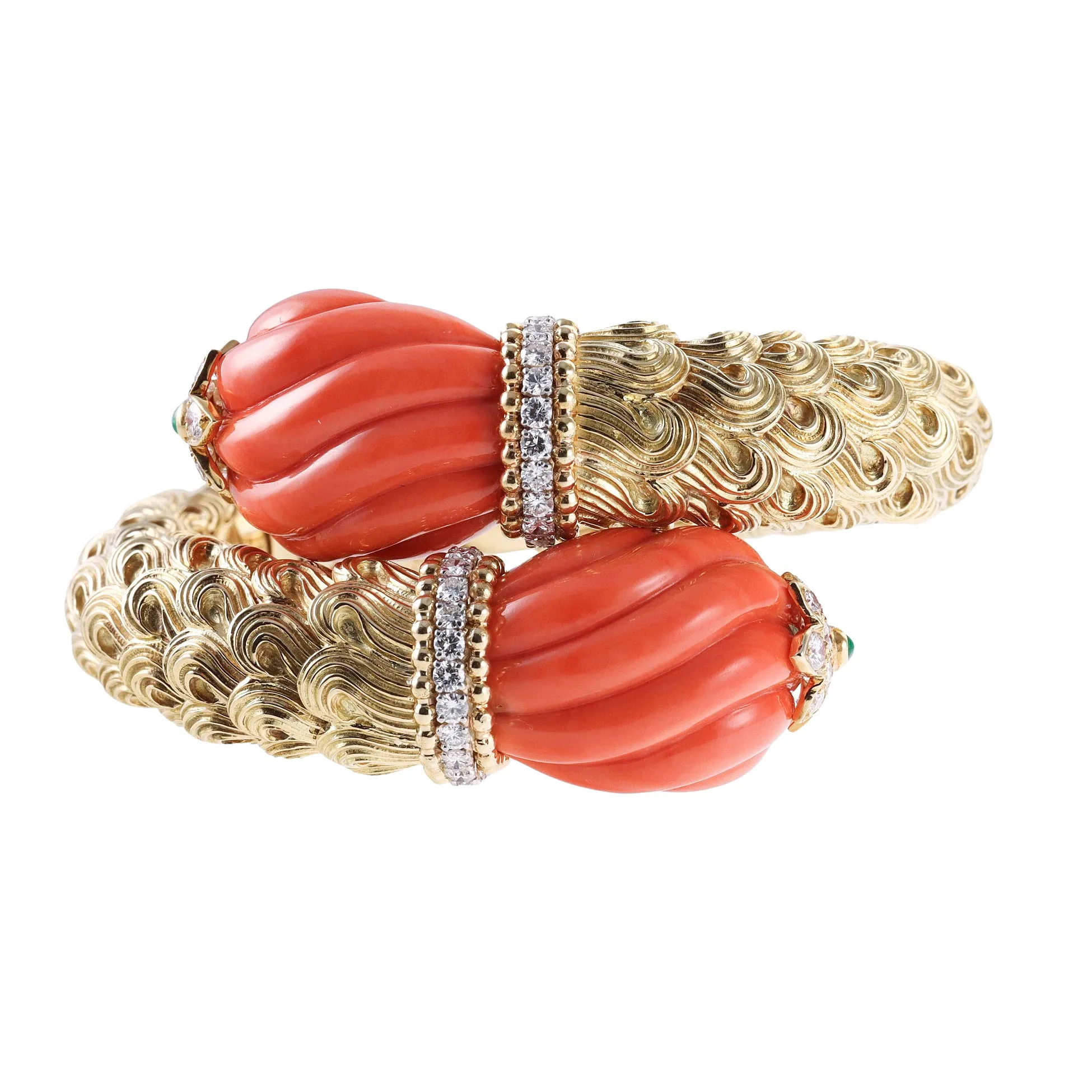 David Webb Diamond Coral Emerald Gold Platinum Wrap Bracelet