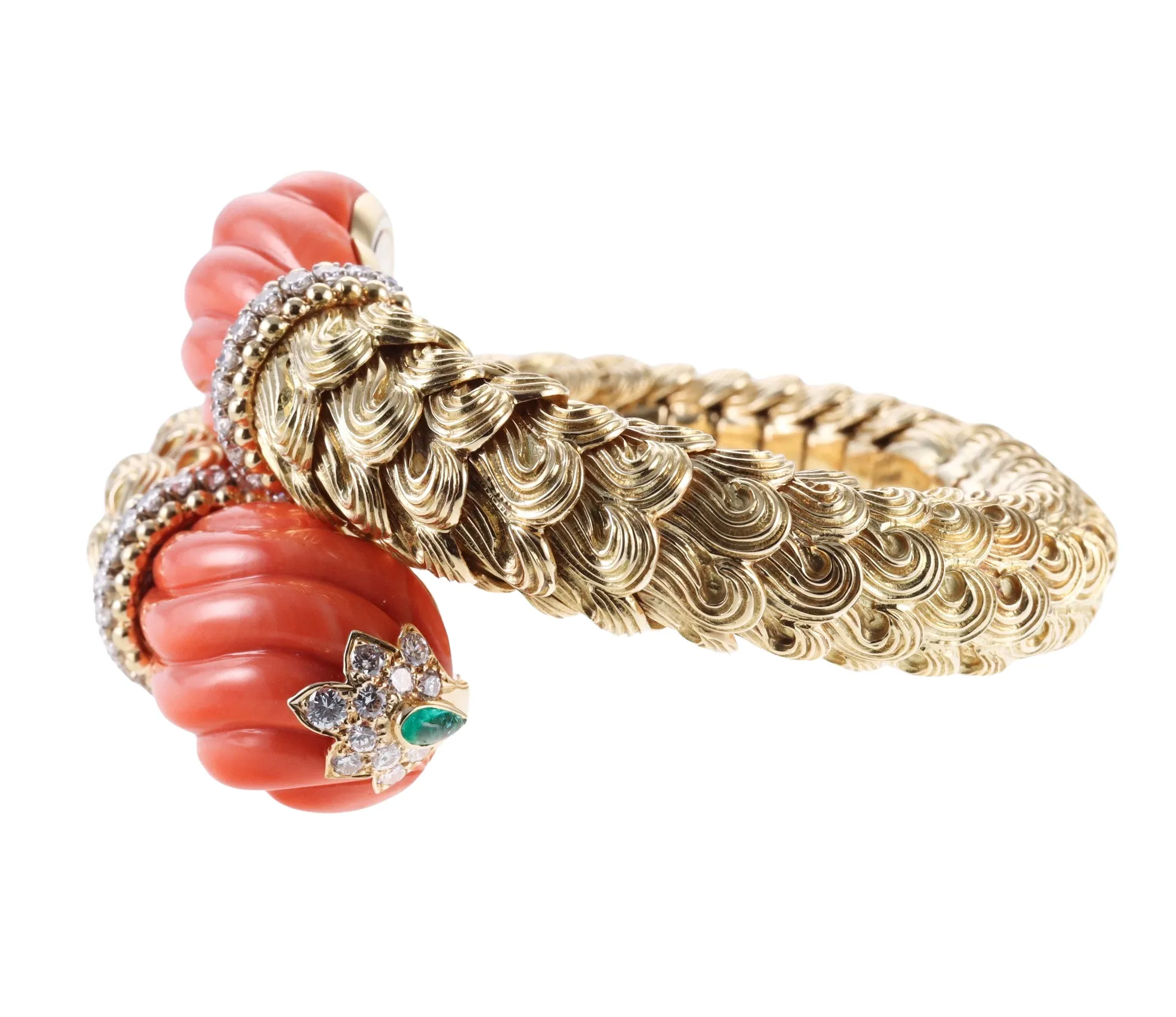 David Webb Diamond Coral Emerald Gold Platinum Wrap Bracelet