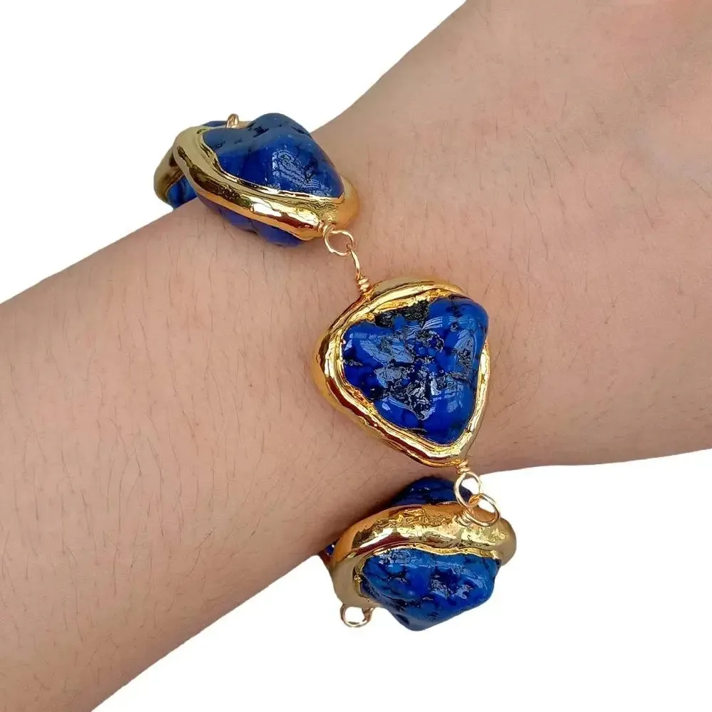 Deep Blue Turquoise Freeform Shaped With Gold Plated Bezel Beaded Wrap Bracelet