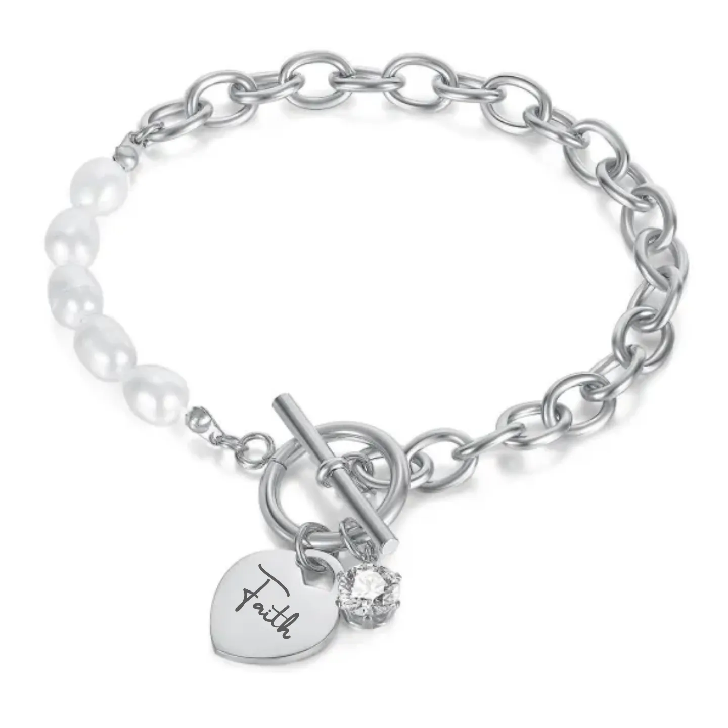 Donna Personalized Stainless Steel CZ Pearl bracelet, Size: 175mm (READY IN 3 DAYS!)