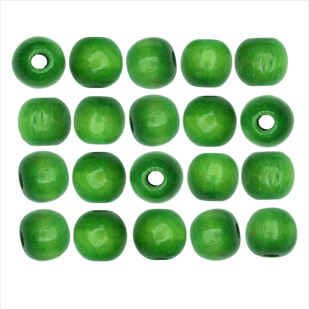 Dyed Wood Beads, Smooth Large Hole Round 14mm, Green (20 Pieces)