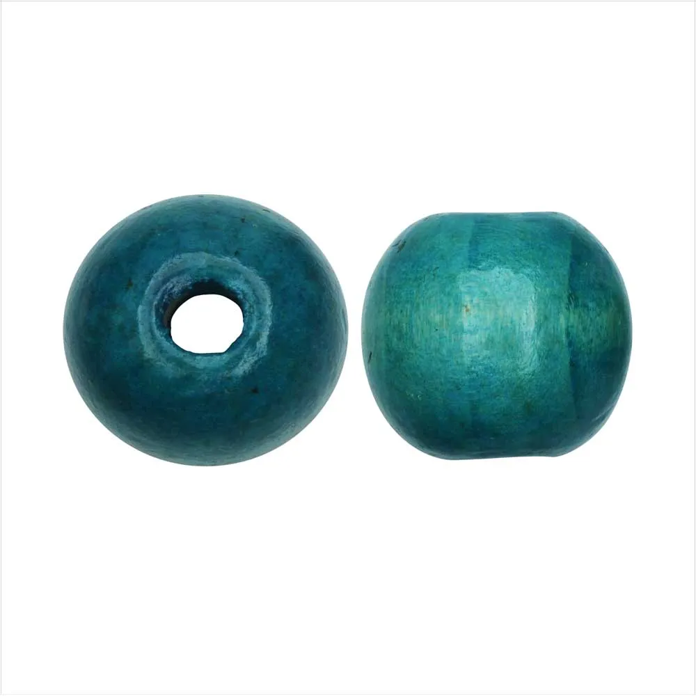 Dyed Wood Beads, Smooth Large Hole Round 16mm, Dark Cyan (12 Pieces)