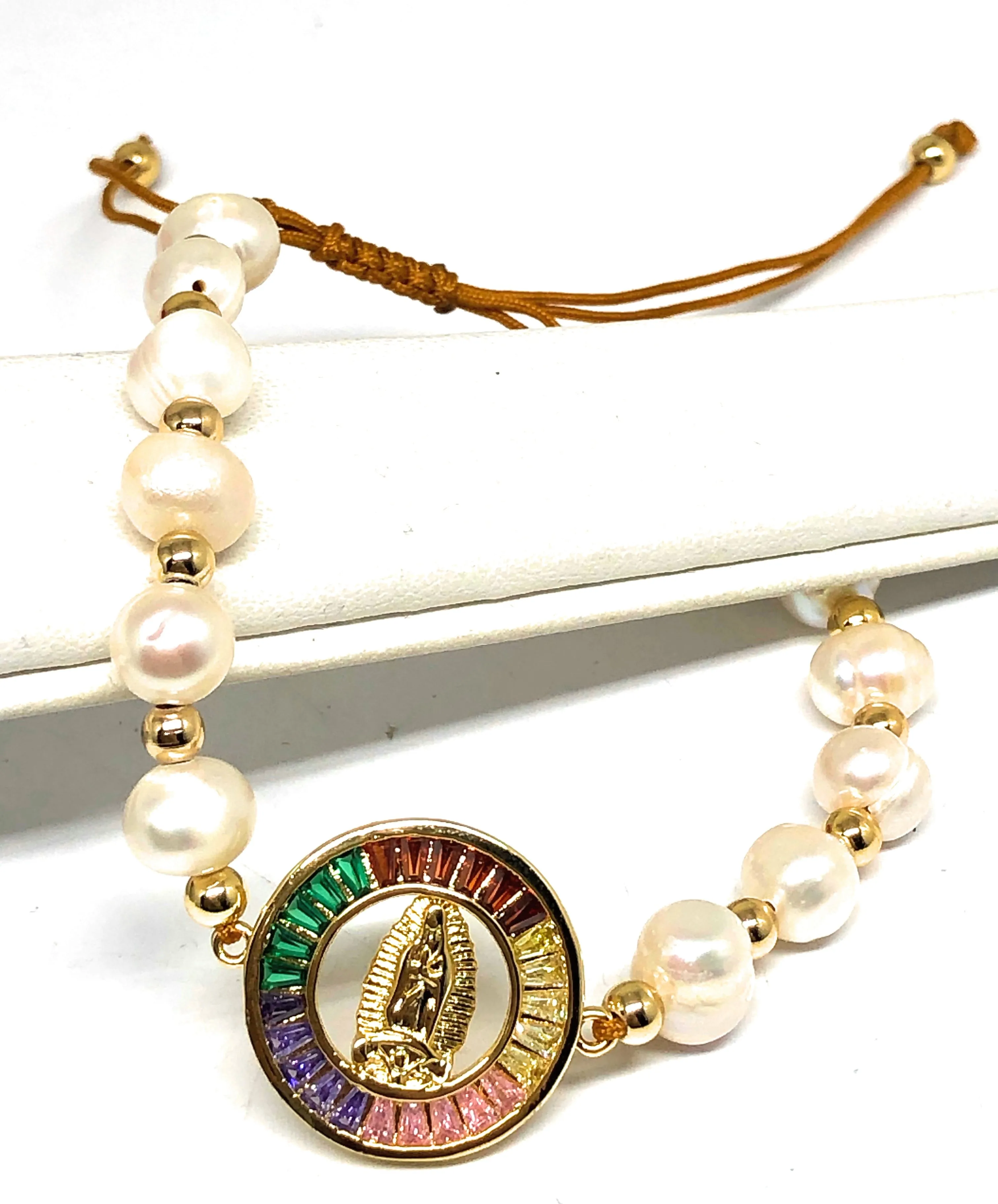 Gold Plated Colorful CZ Virgin Mary Pearl Bracelet Virgen De Guadalupe Pulsera 8 Adjustable