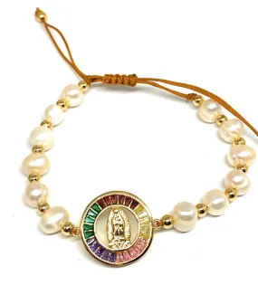 Gold Plated Colorful CZ Virgin Mary Pearl Bracelet Virgen De Guadalupe Pulsera 8 Adjustable