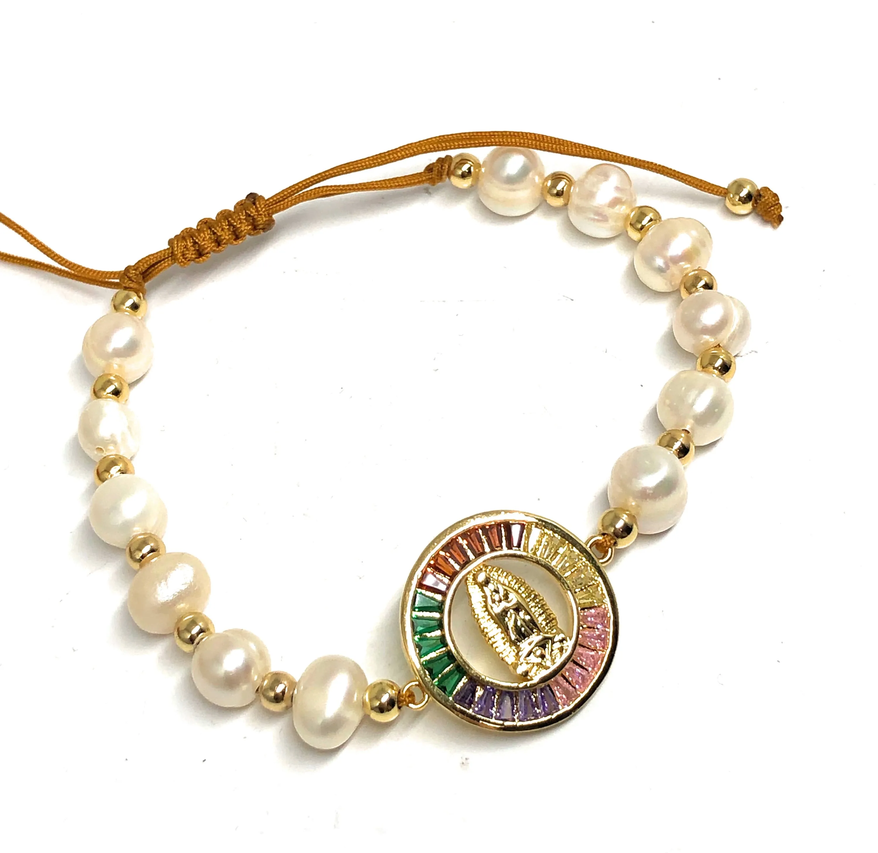 Gold Plated Colorful CZ Virgin Mary Pearl Bracelet Virgen De Guadalupe Pulsera 8 Adjustable